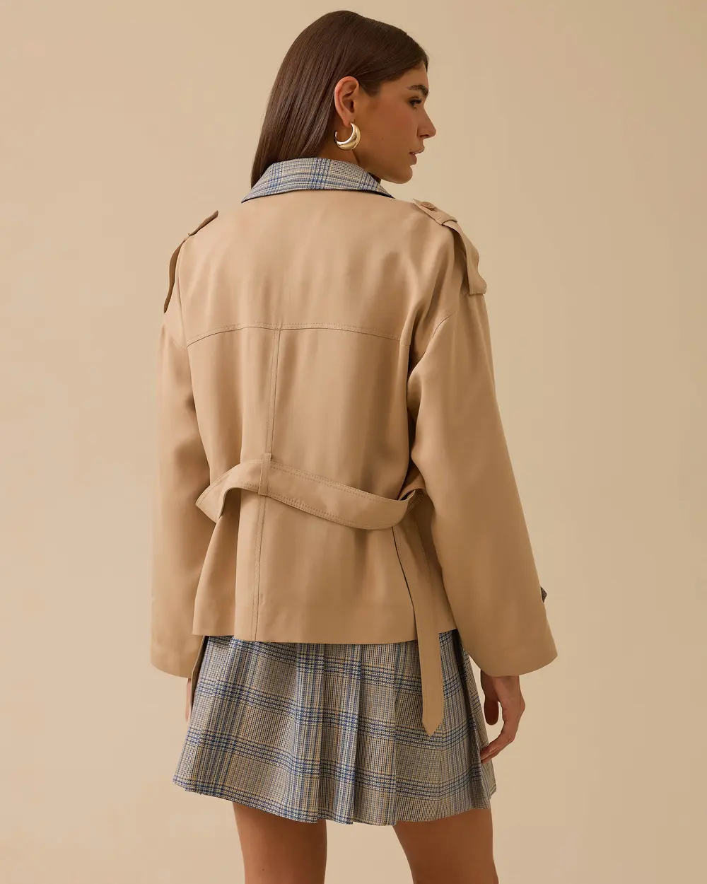 Ekose Desenli Kuşaklı Ceket