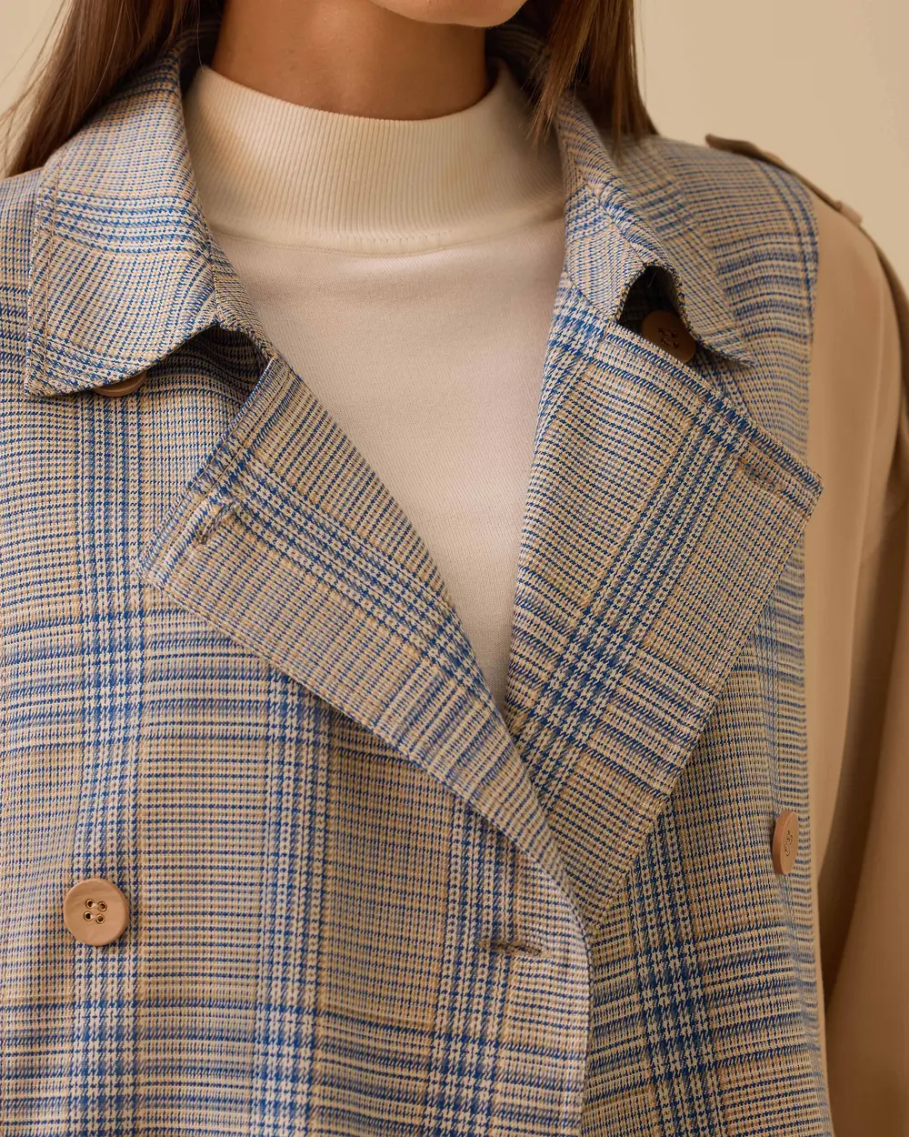 Ekose Desenli Kuşaklı Ceket