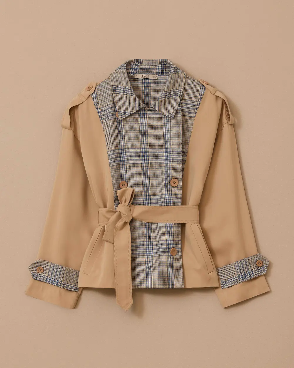 Ekose Desenli Kuşaklı Ceket