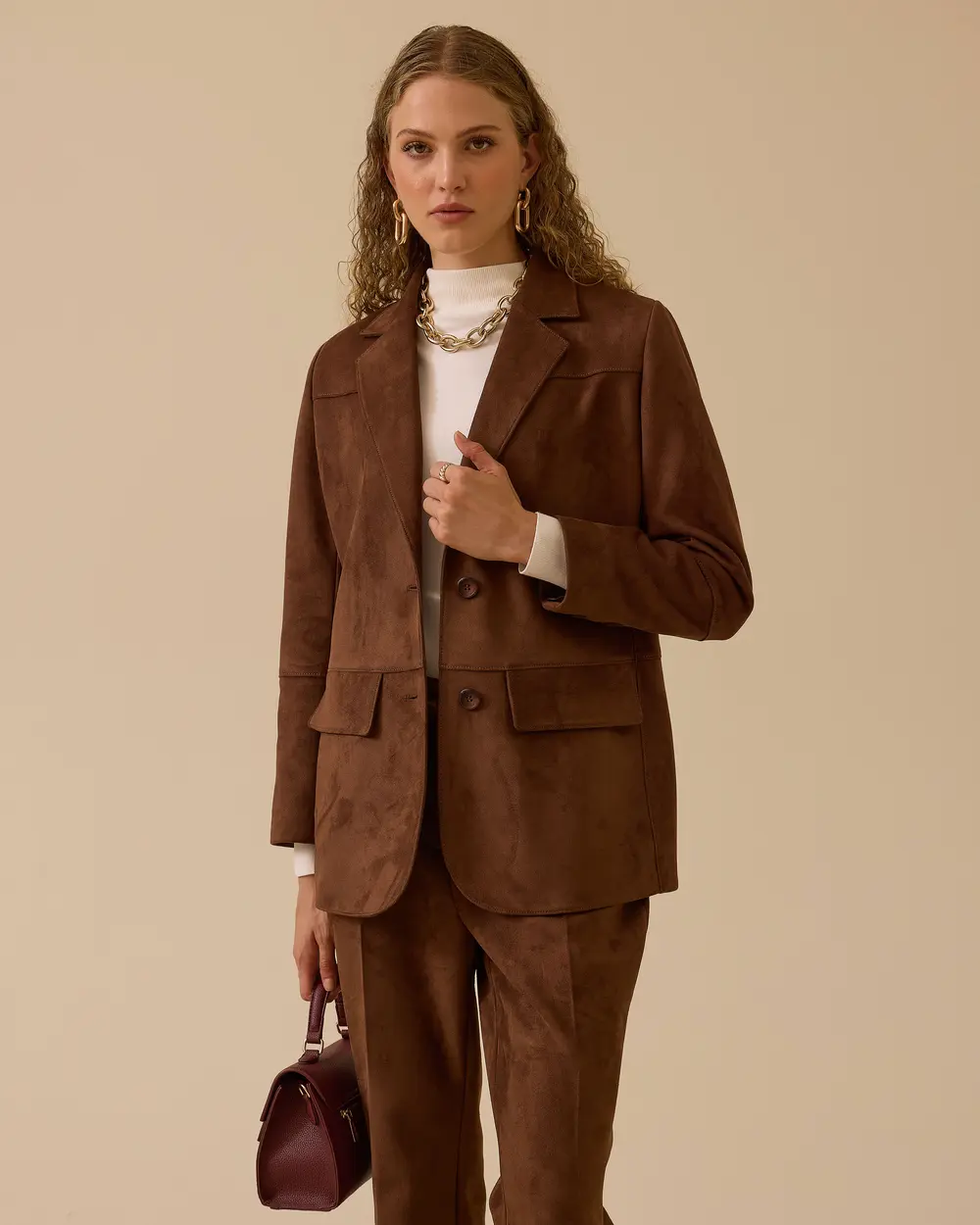 Çift Düğmeli Cep Kapaklı Süet Ceket