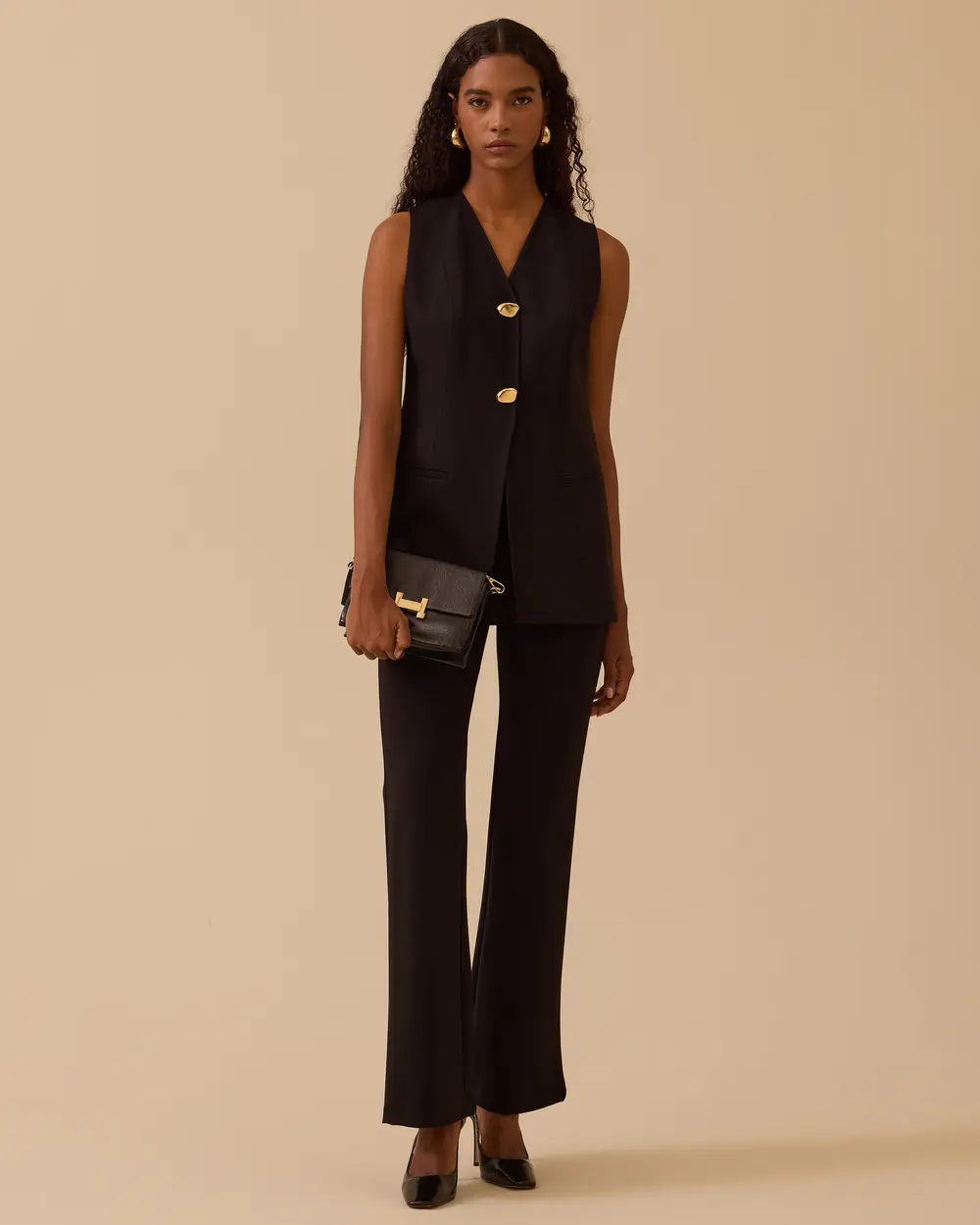 V Yaka Gold Düğme Detaylı Yelek