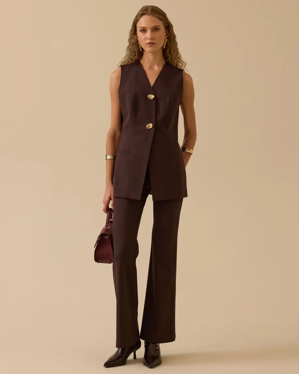 V Yaka Gold Düğme Detaylı Yelek