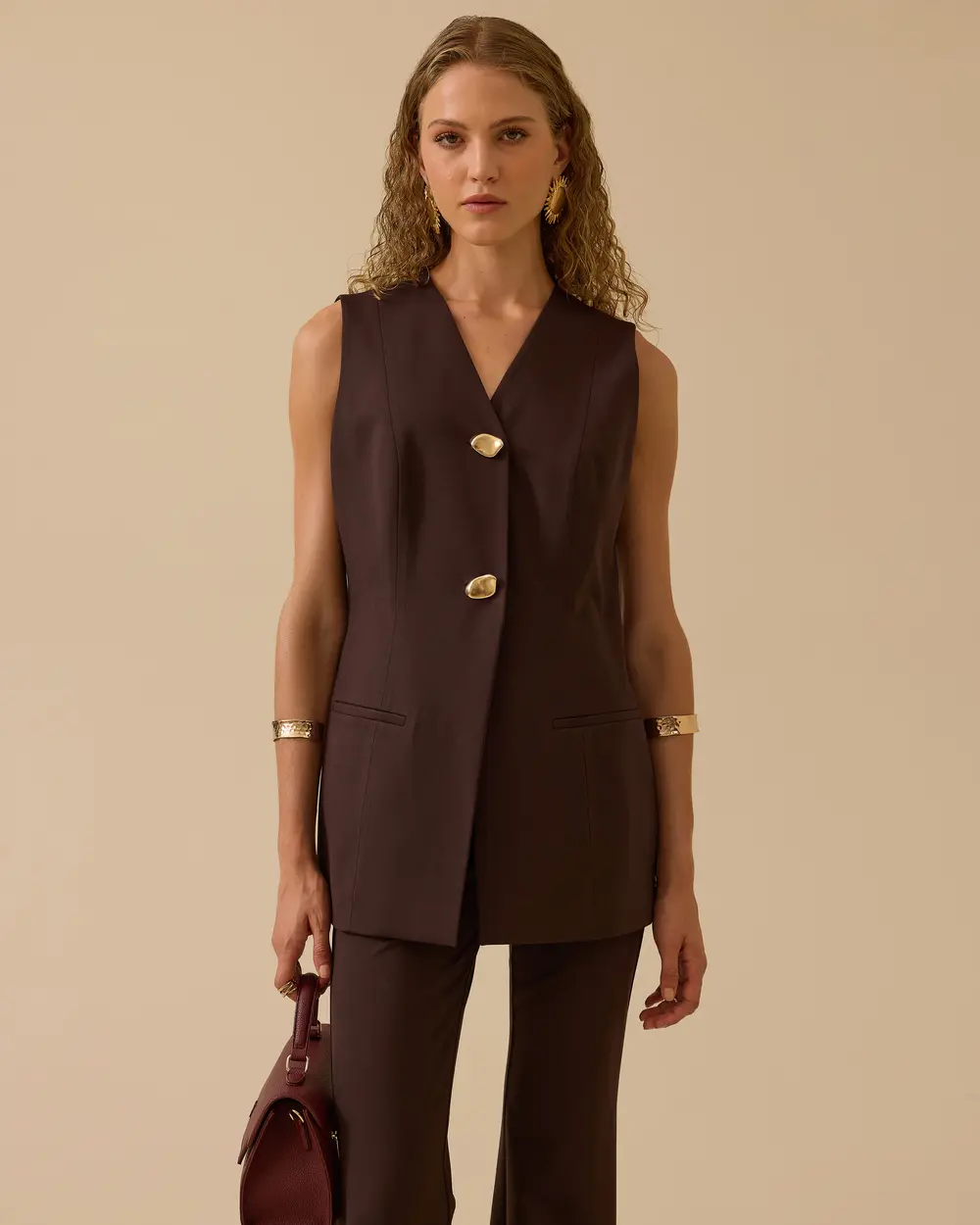 V Yaka Gold Düğme Detaylı Yelek