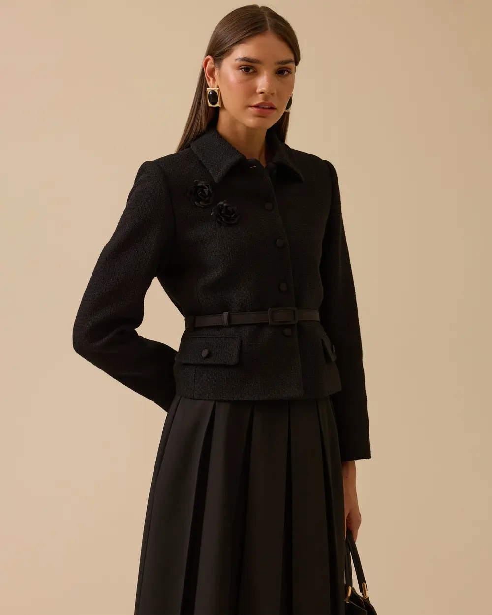 Çiçek Detaylı Kemerli Tüvit Ceket