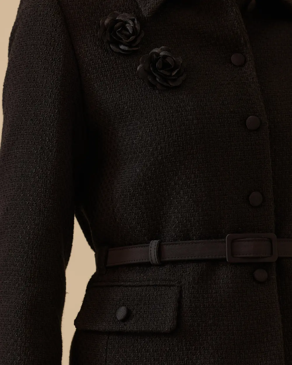 Çiçek Detaylı Kemerli Tüvit Ceket