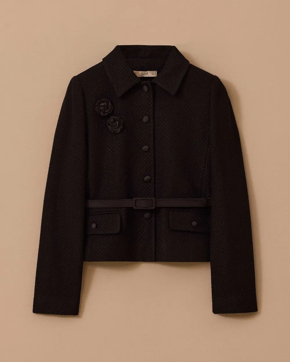 Çiçek Detaylı Kemerli Tüvit Ceket