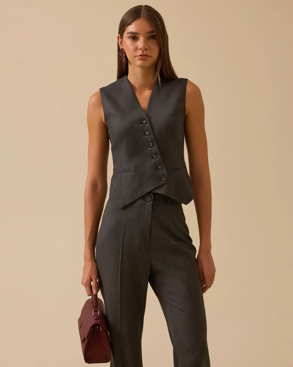 Asimetrik Kesim Düğmeli Yelek