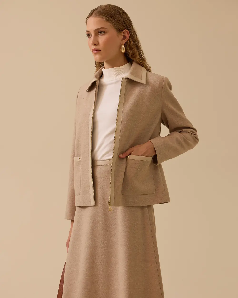 Biye Detaylı Cepli Fermuarlı Ceket