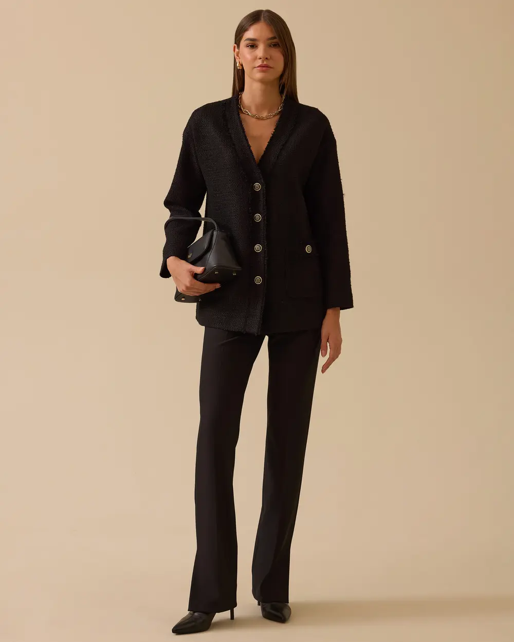 V Yaka Cep Detaylı Tüvit Ceket