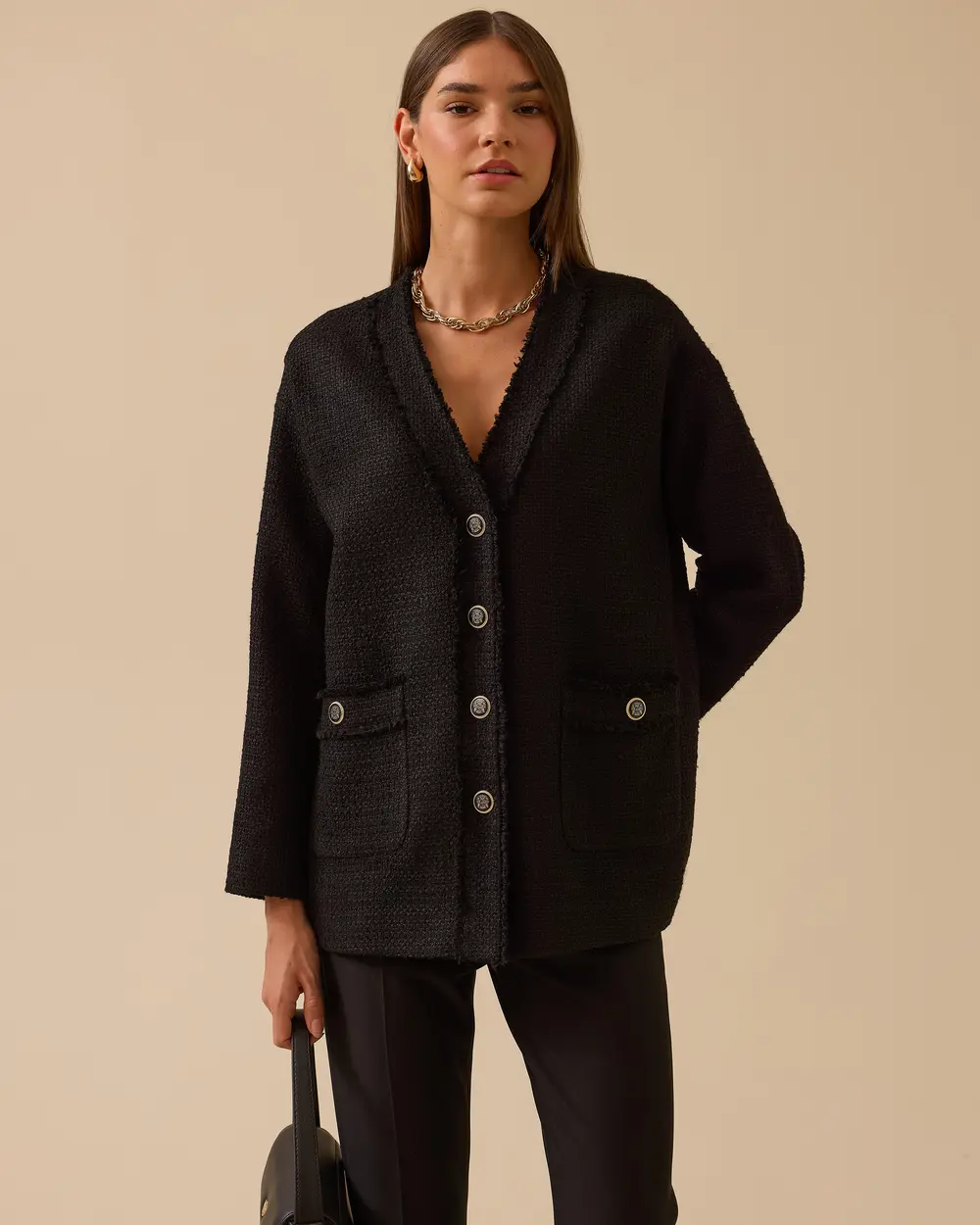 V Yaka Cep Detaylı Tüvit Ceket