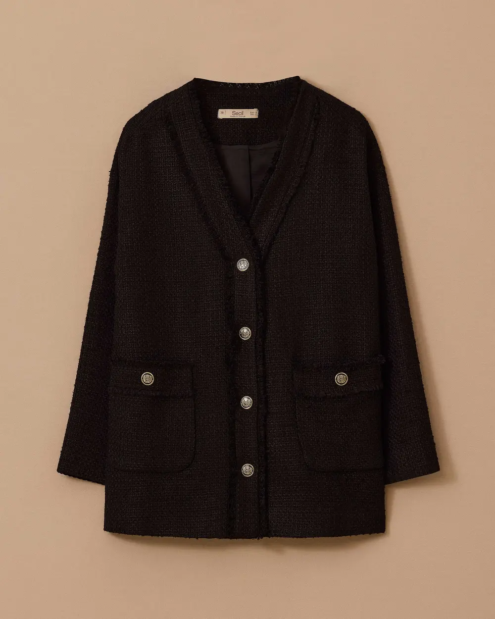 V-Neck Pocket Detailed Tweed Jacket