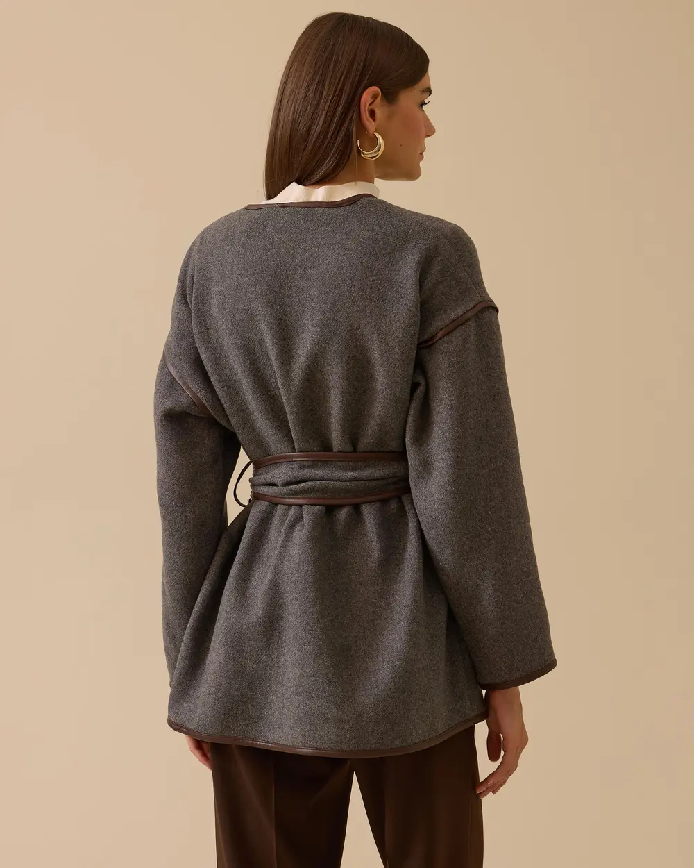 Suni Deri Biyeli Kuşaklı Ceket