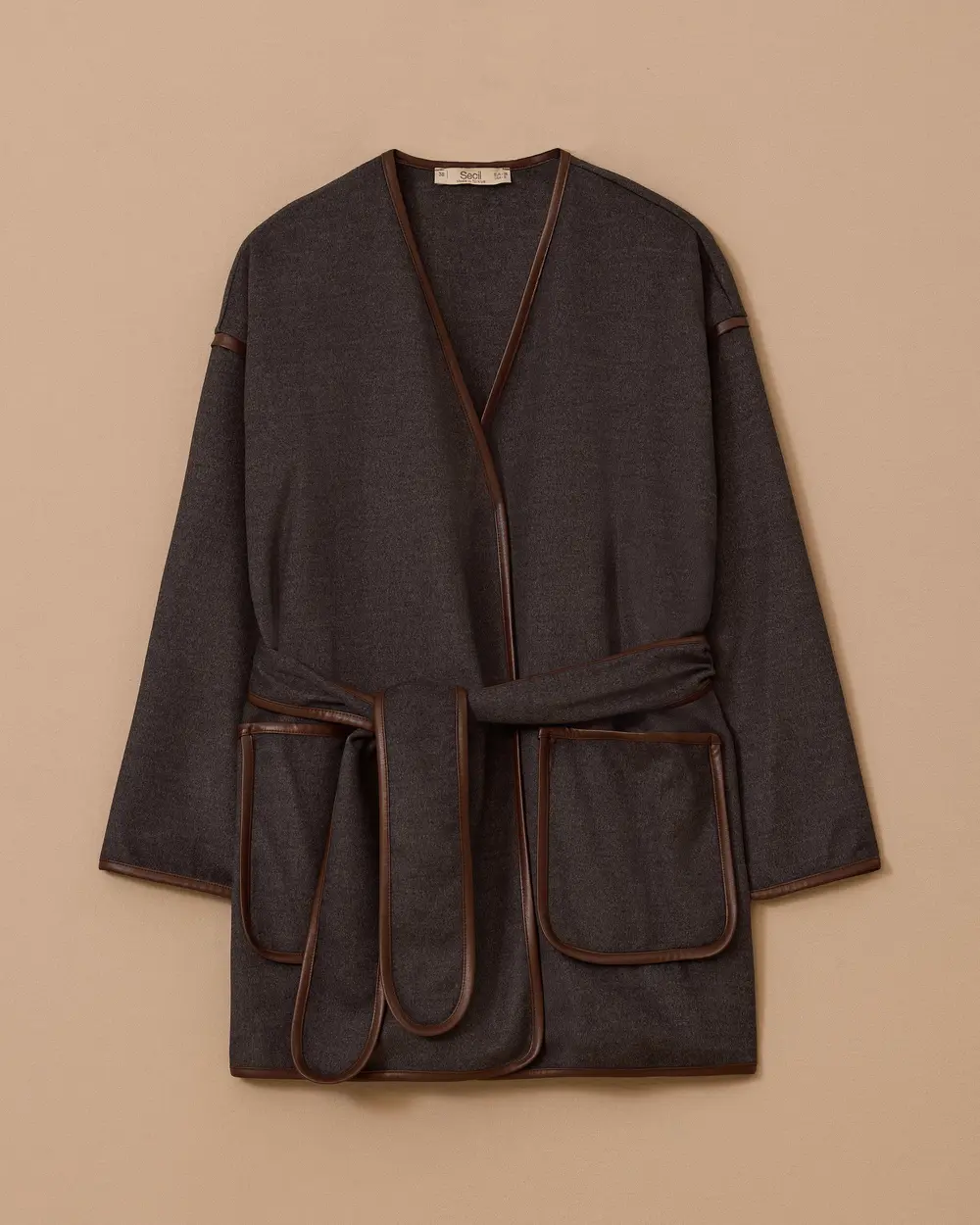 Suni Deri Biyeli Kuşaklı Ceket