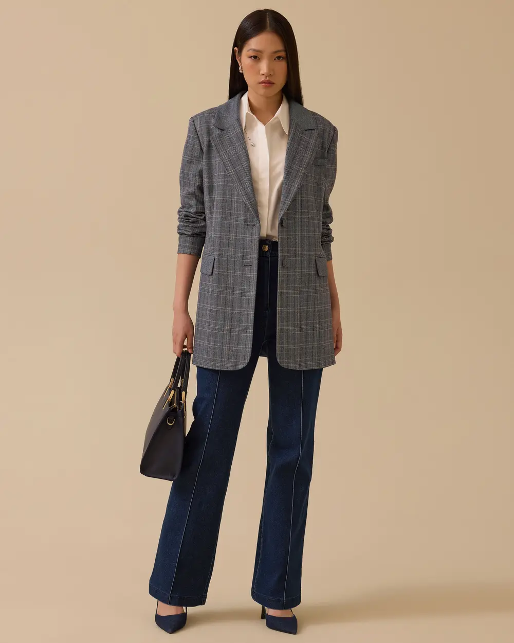 Ekose Desenli Çift Düğmeli Ceket