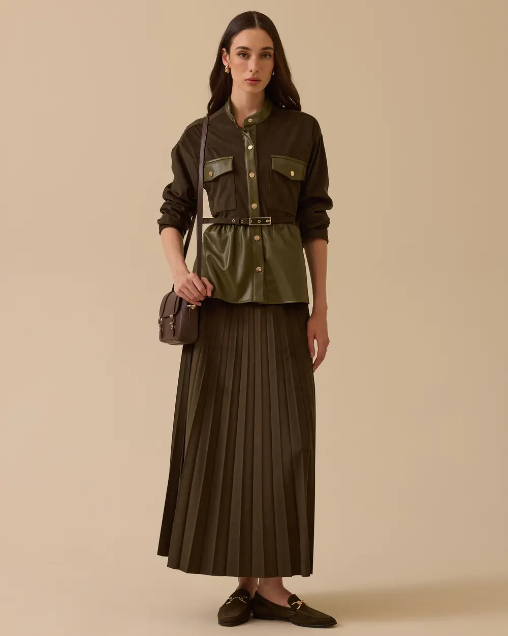 Suni Deri Detaylı Kemerli Süet Ceket