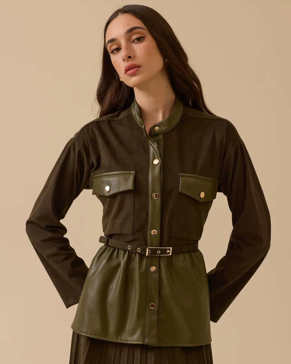 Suni Deri Detaylı Kemerli Süet Ceket