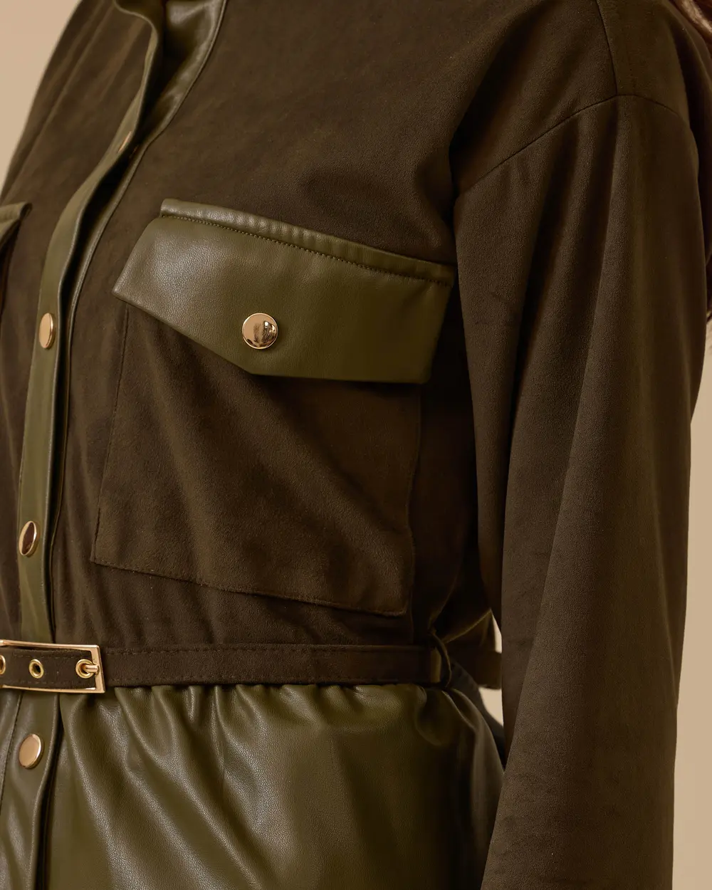 Suni Deri Detaylı Kemerli Süet Ceket