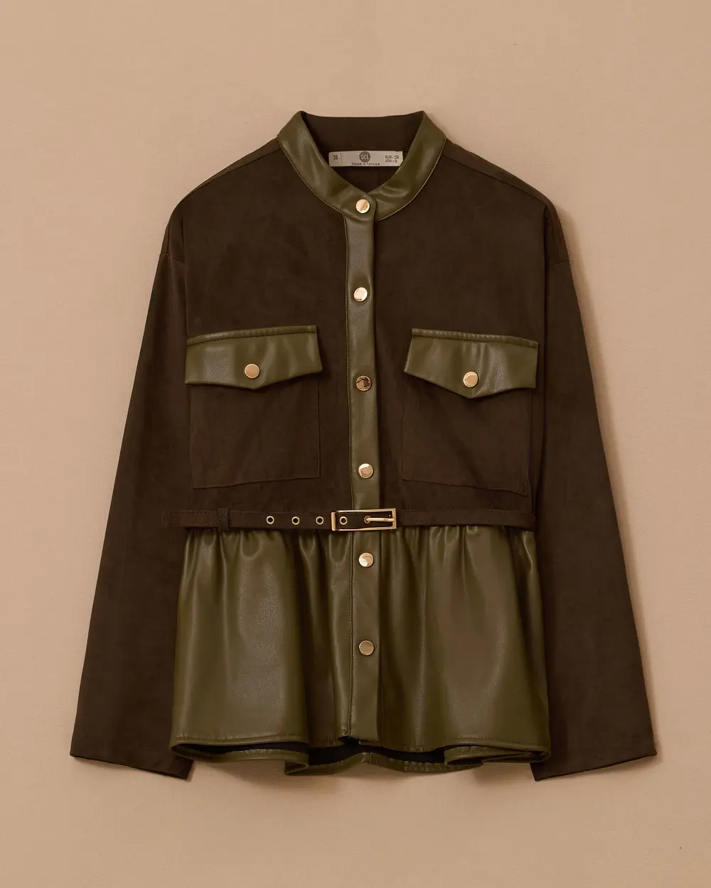 Double Fabric Belted Pocket Detailed Jacket