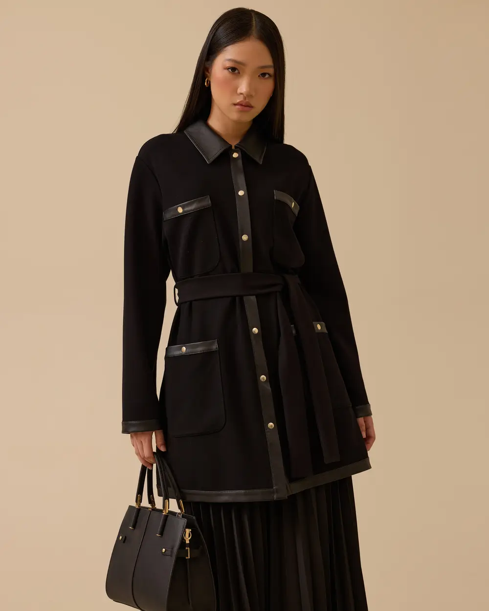 Kuşaklı Suni Deri Garnili Düğmeli Ceket