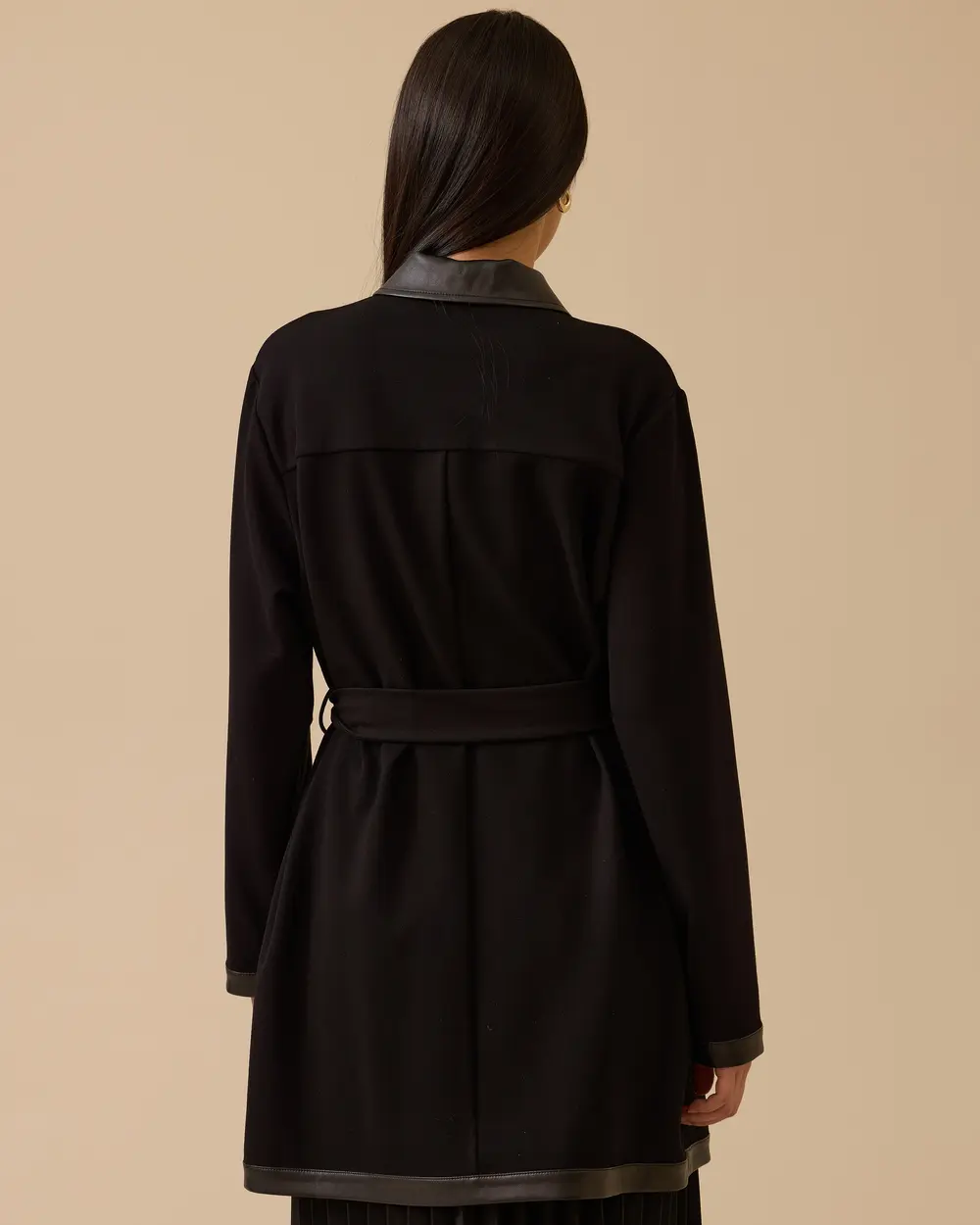 Kuşaklı Suni Deri Garnili Düğmeli Ceket