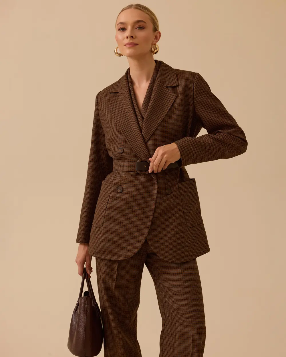 Ekose Desenli Kemerli Ceket