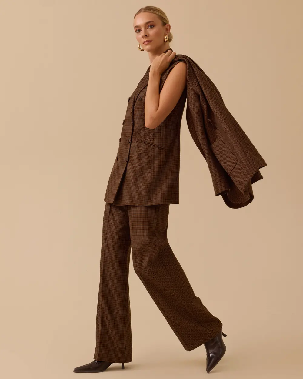 Ekose Desenli Düğmeli Yelek