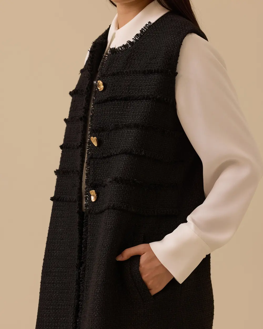 Düğme Detaylı Uzun Yelek