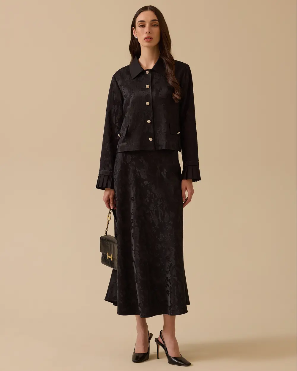 Desenli Kol Detaylı Jakar Ceket