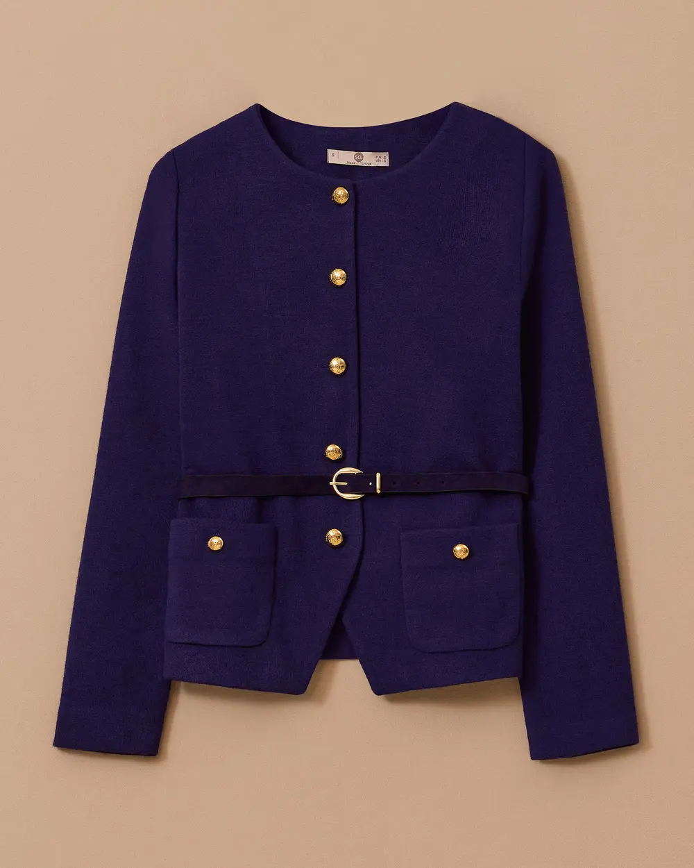 Yuvarlak Yaka Düğmeli Kemerli Ceket