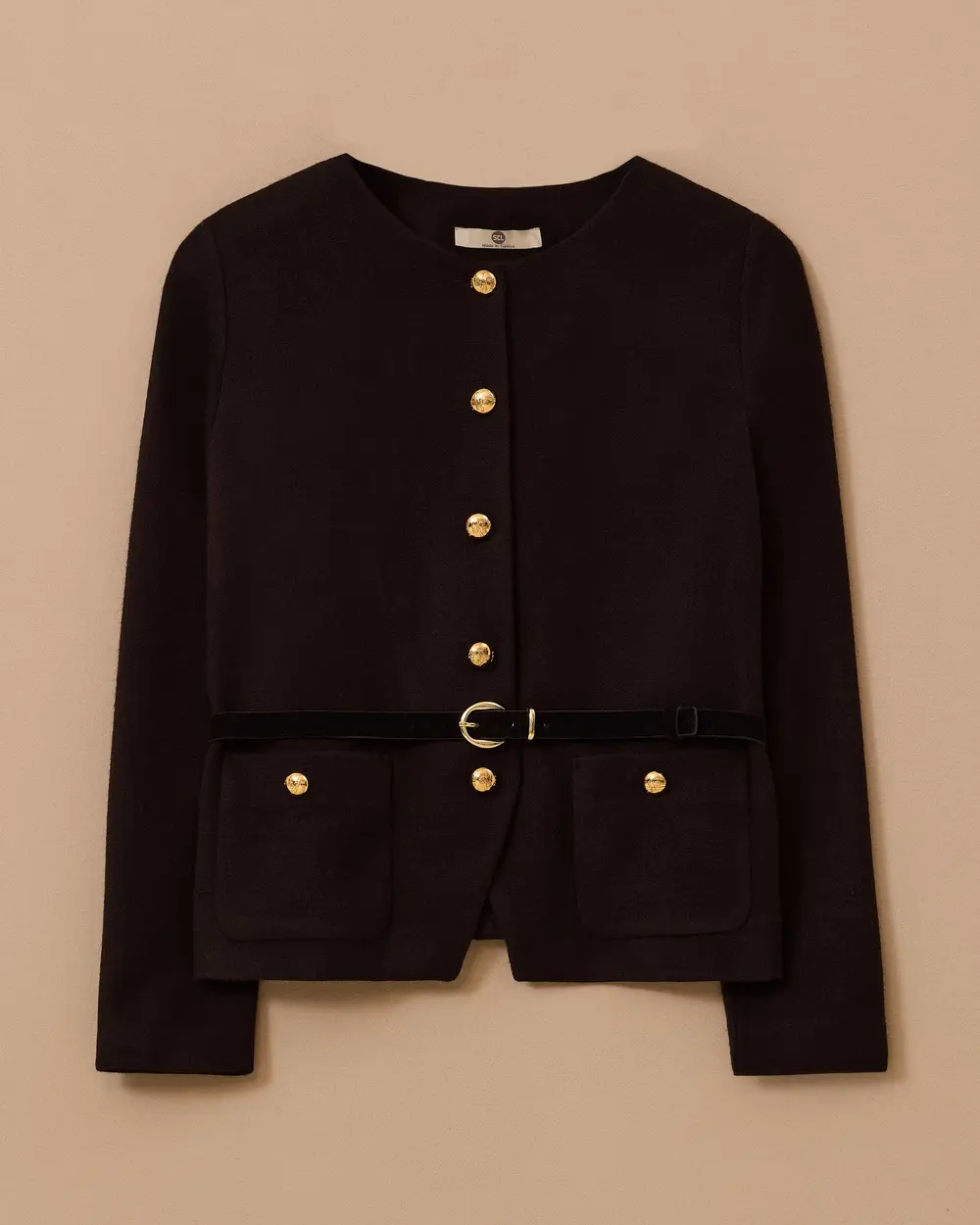 Round Neck Buttoned Belt Jacket