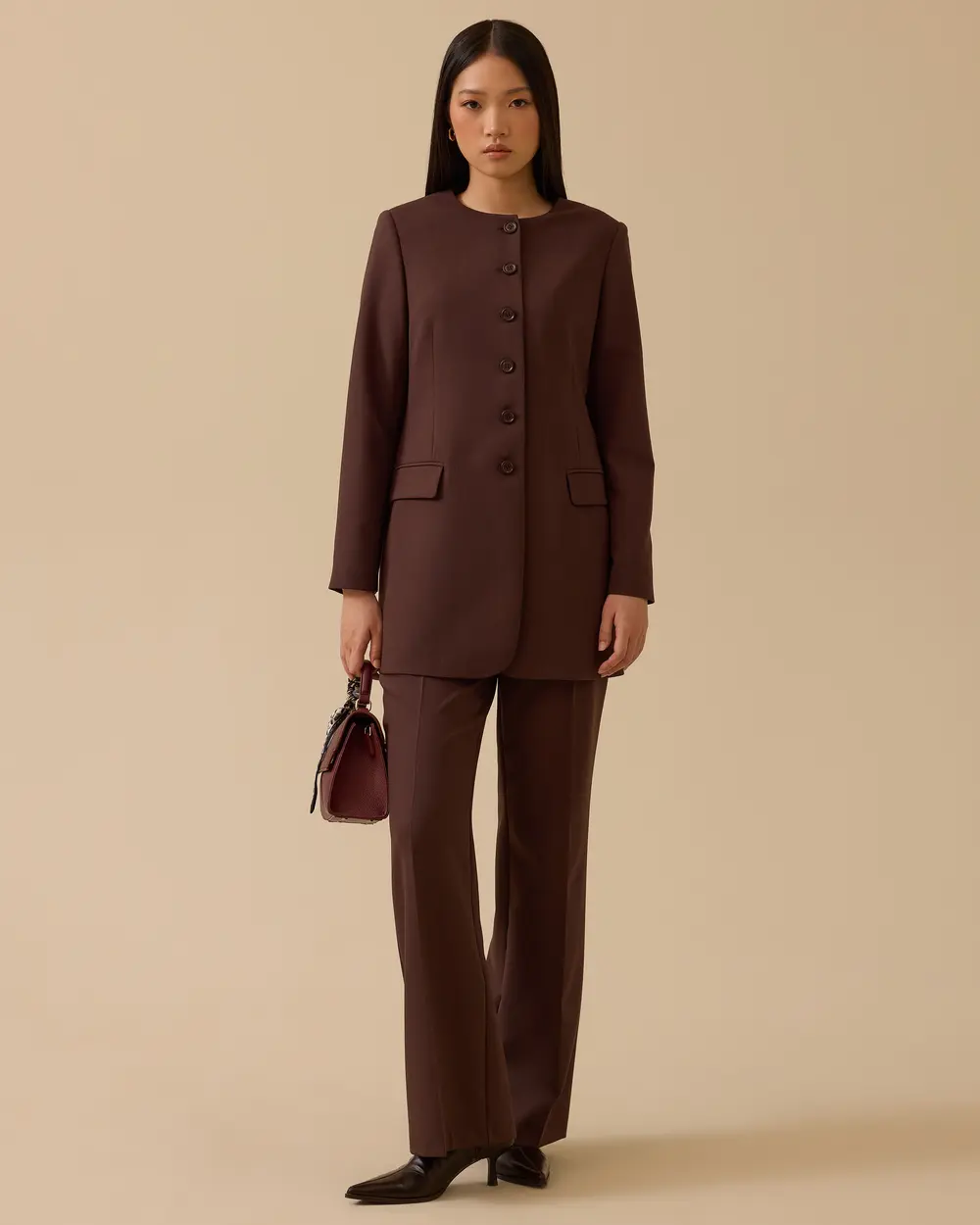 Yuvarlak Yaka Düğmeli Uzun Ceket