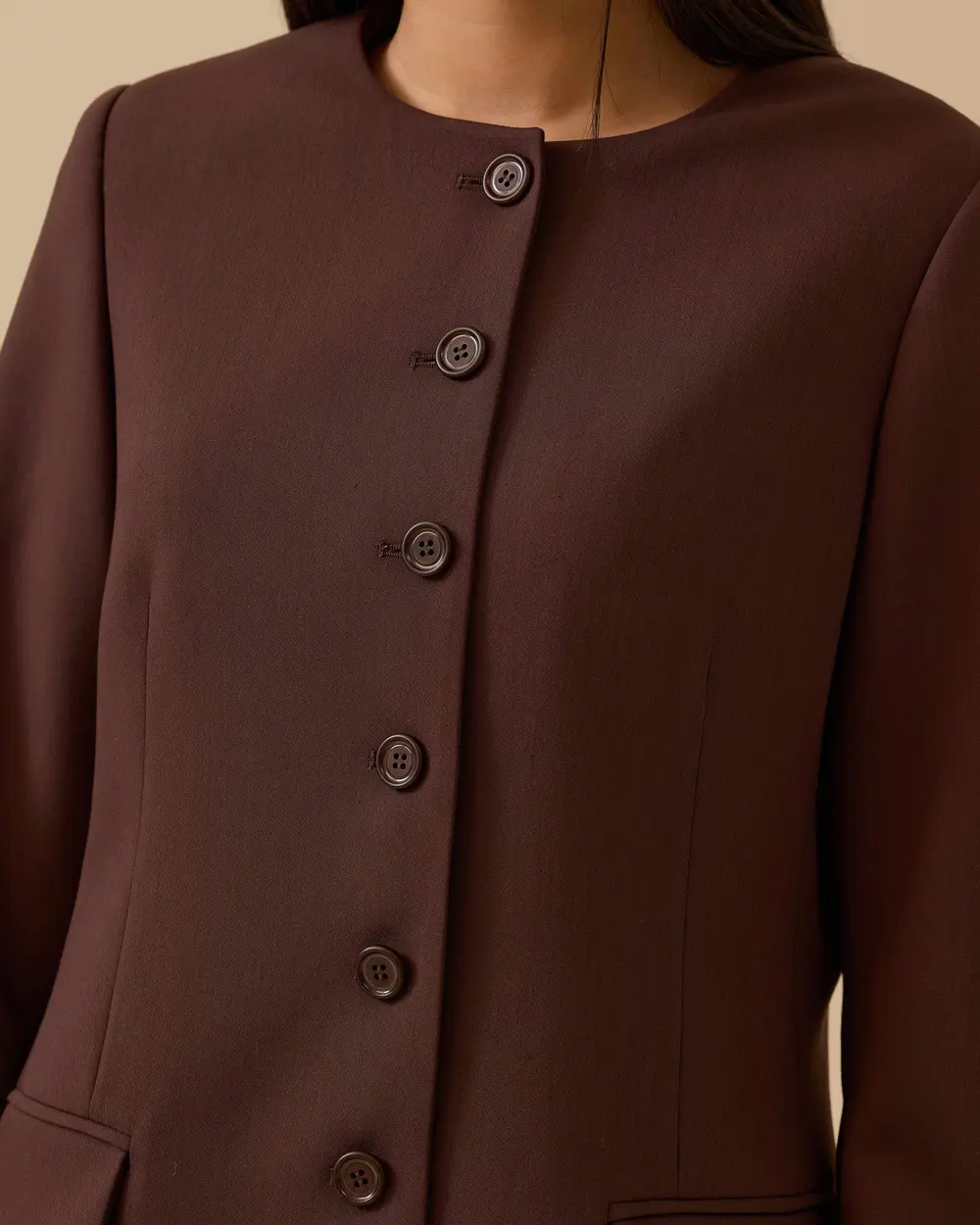 Yuvarlak Yaka Düğmeli Uzun Ceket