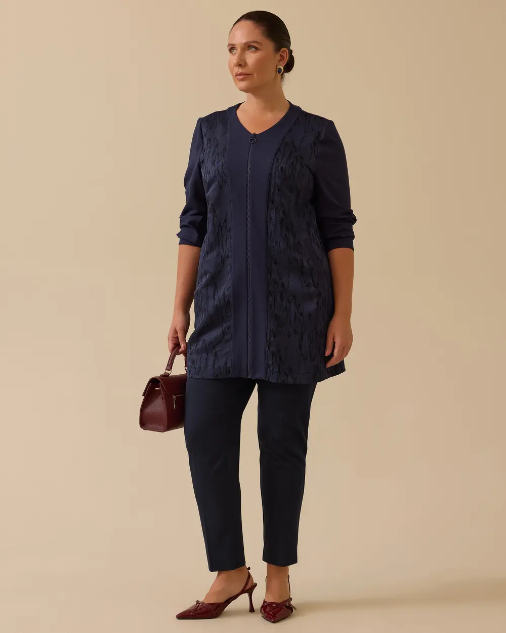 Büyük Beden Desenli Fermuarlı Jakar Ceket