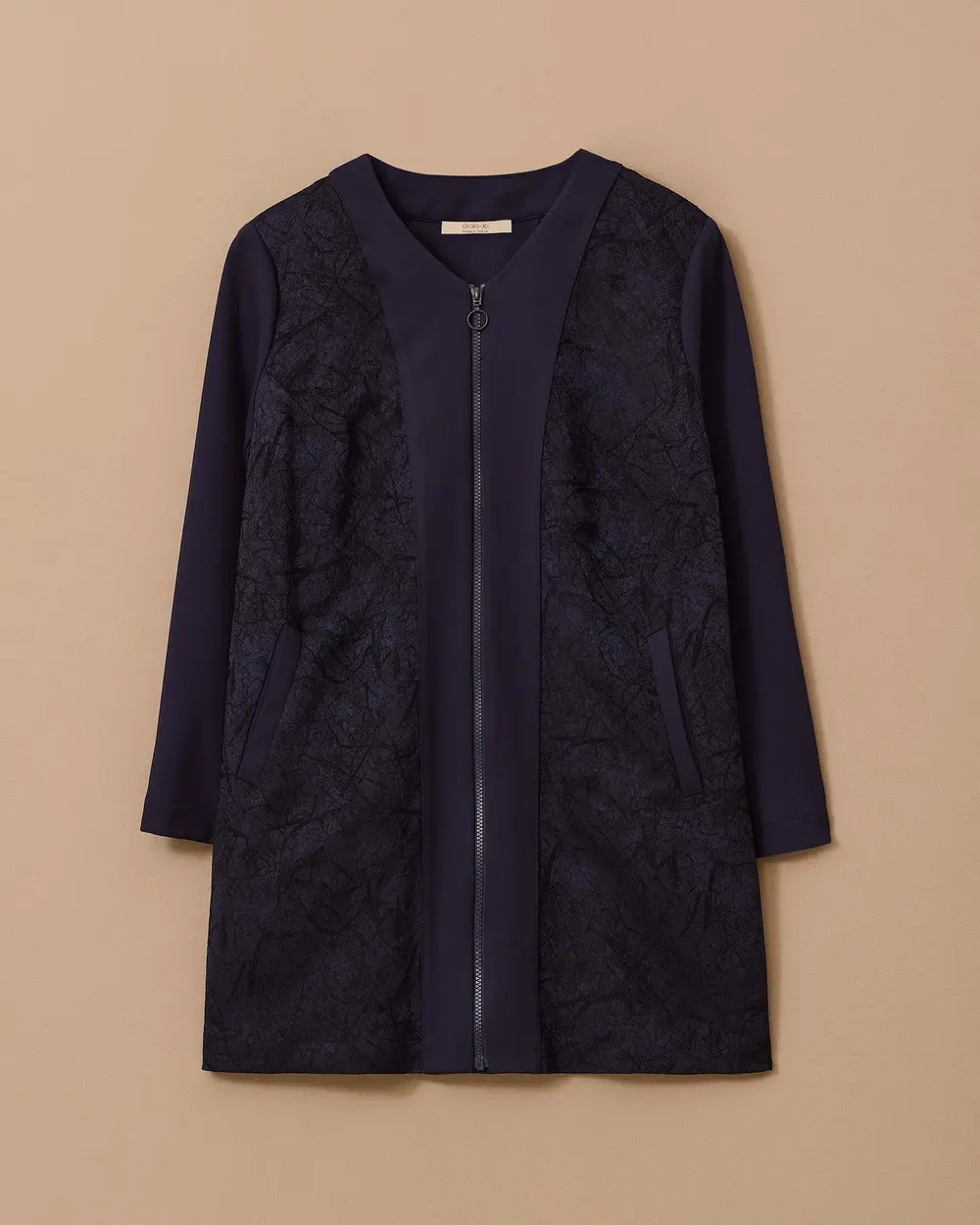 Plus Size Patterned Jacquard Jacket with Zipper