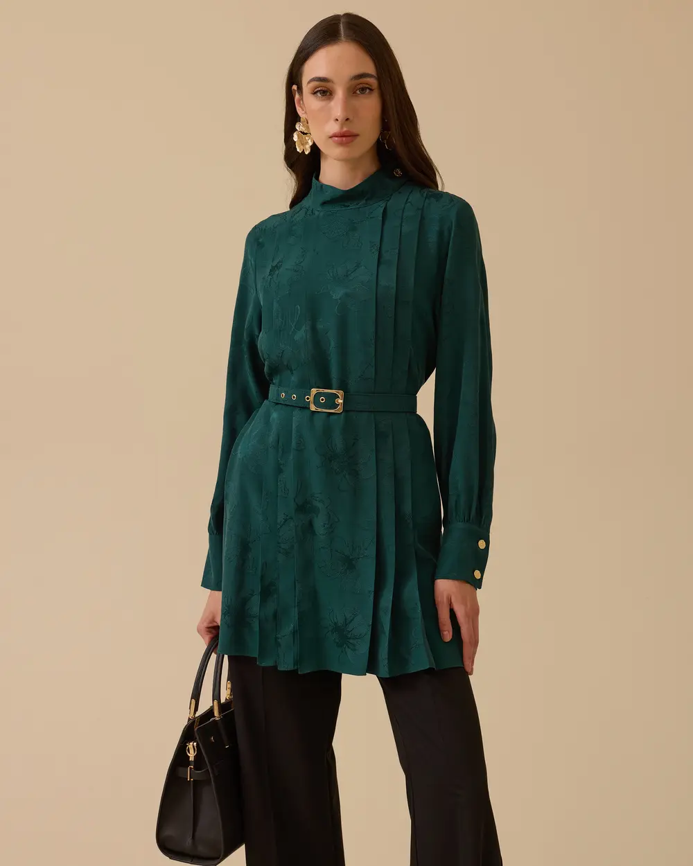 Kemer Detaylı Pliseli Jakarlı Tunik