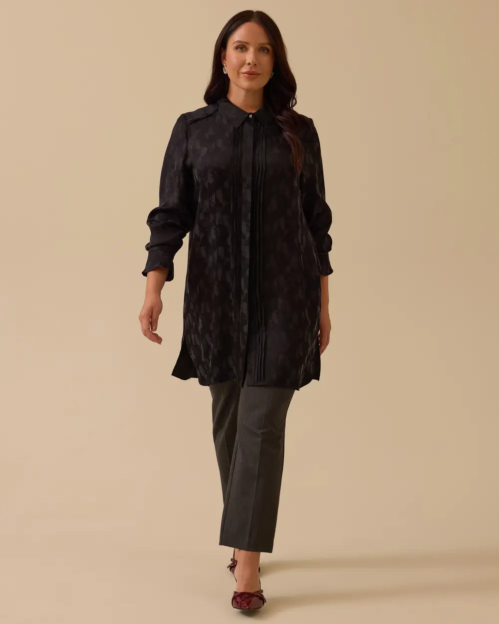 Büyük Beden Desenli Plise Detaylı Tunik