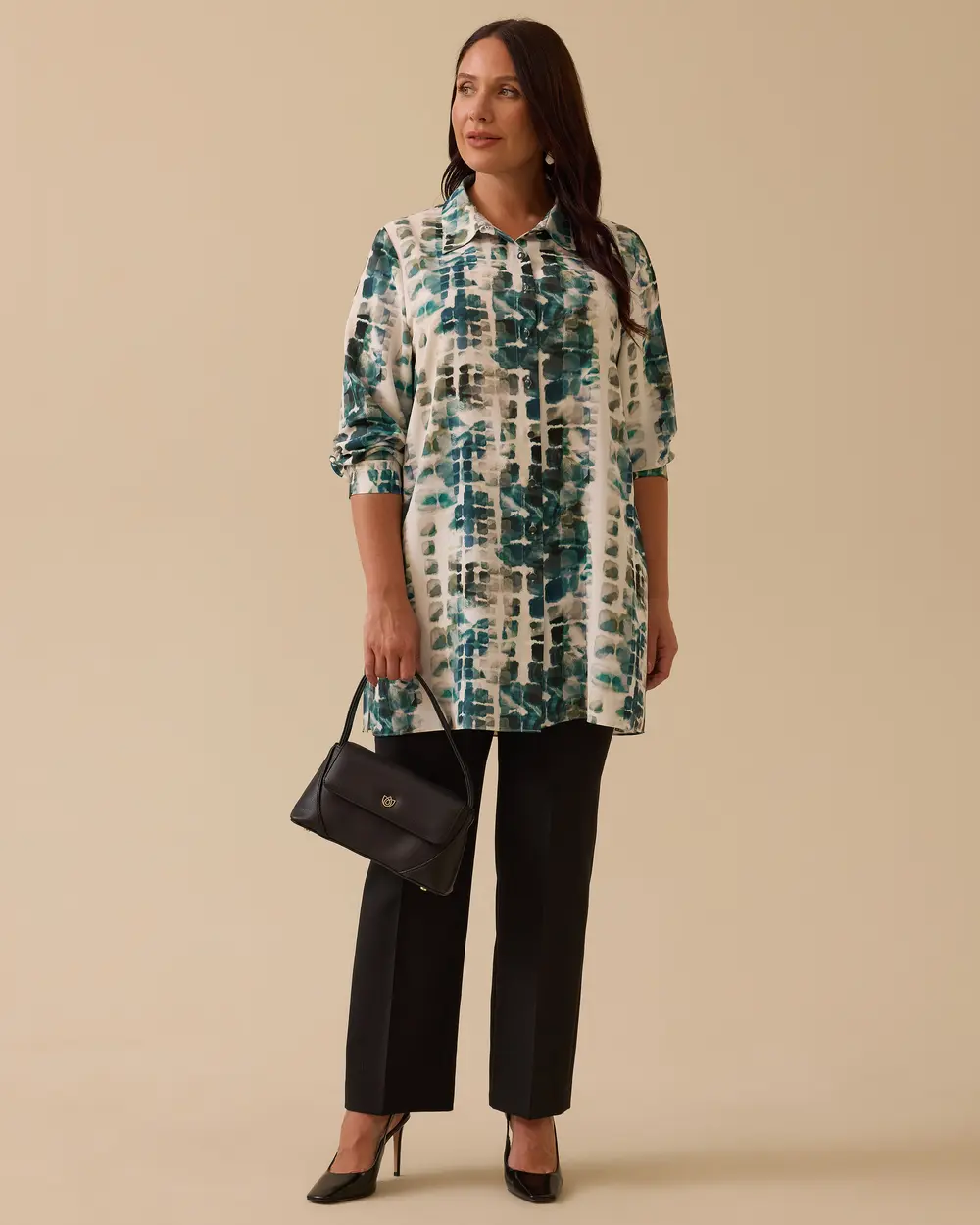 Plus Size Shirt Collar Patterned Tunic