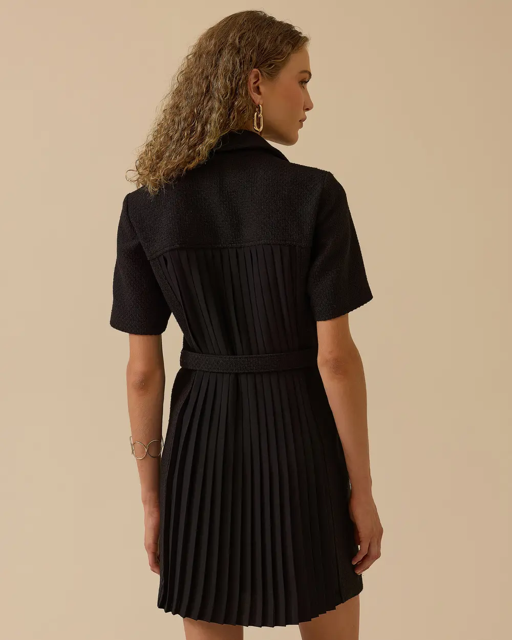 Kemerli Arka Pliseli Tüvit Elbise