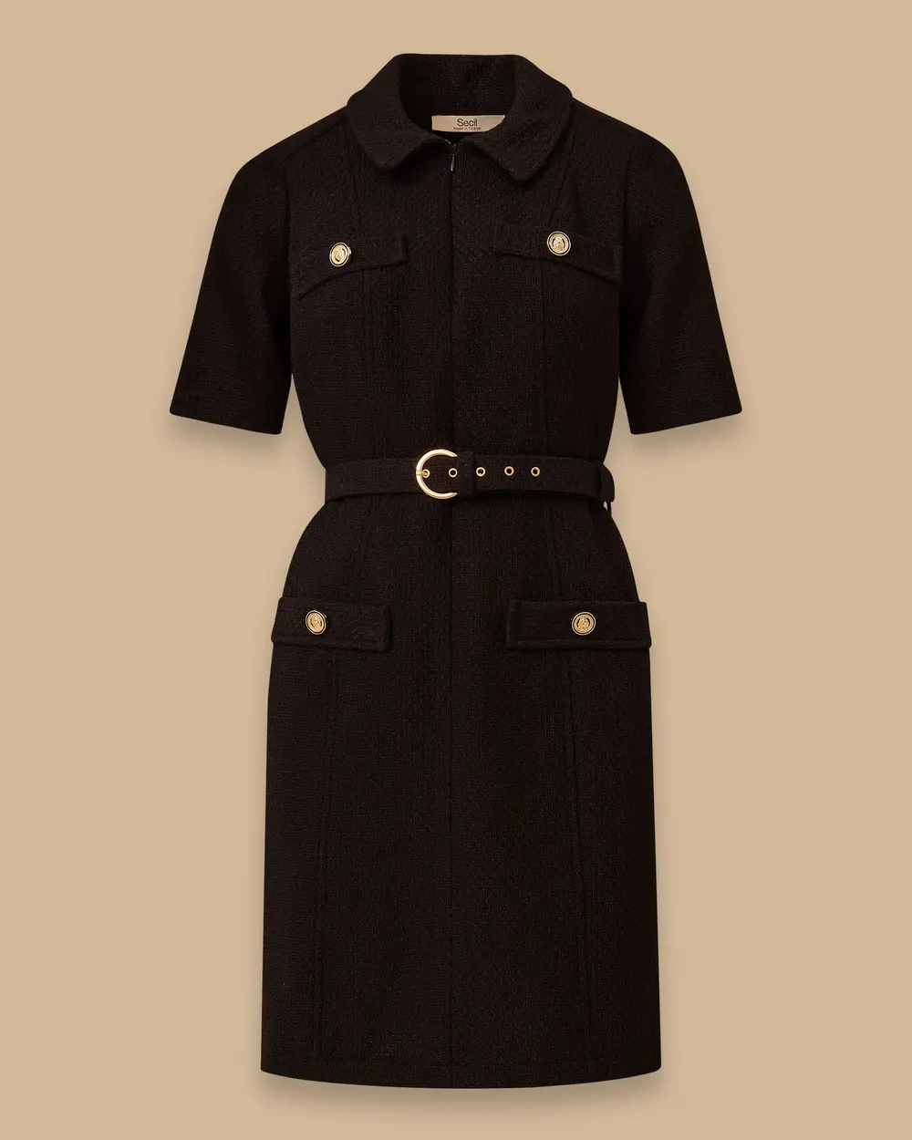 Kemerli Arka Pliseli Tüvit Elbise