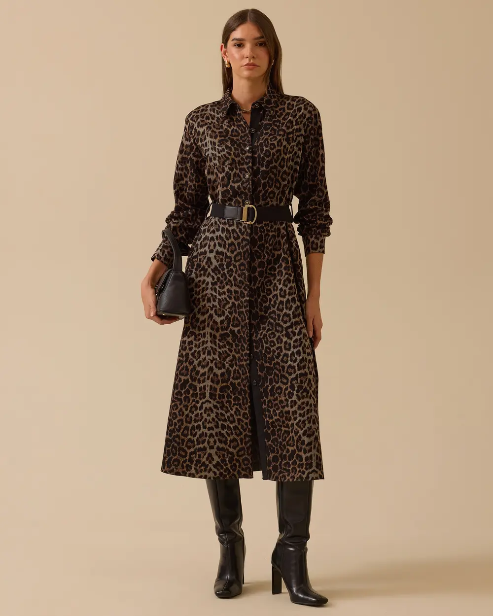 Leopar Desenli Kemerli Midi Elbise