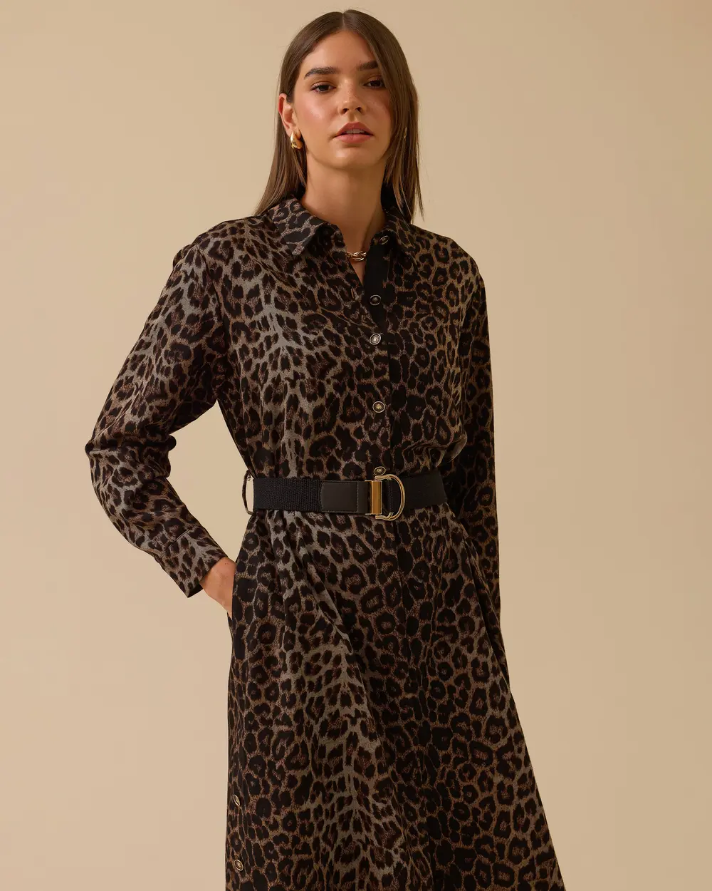 Leopar Desenli Kemerli Midi Elbise