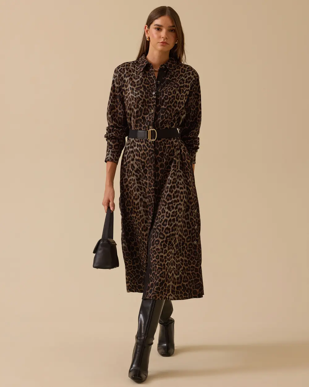 Leopar Desenli Kemerli Midi Elbise