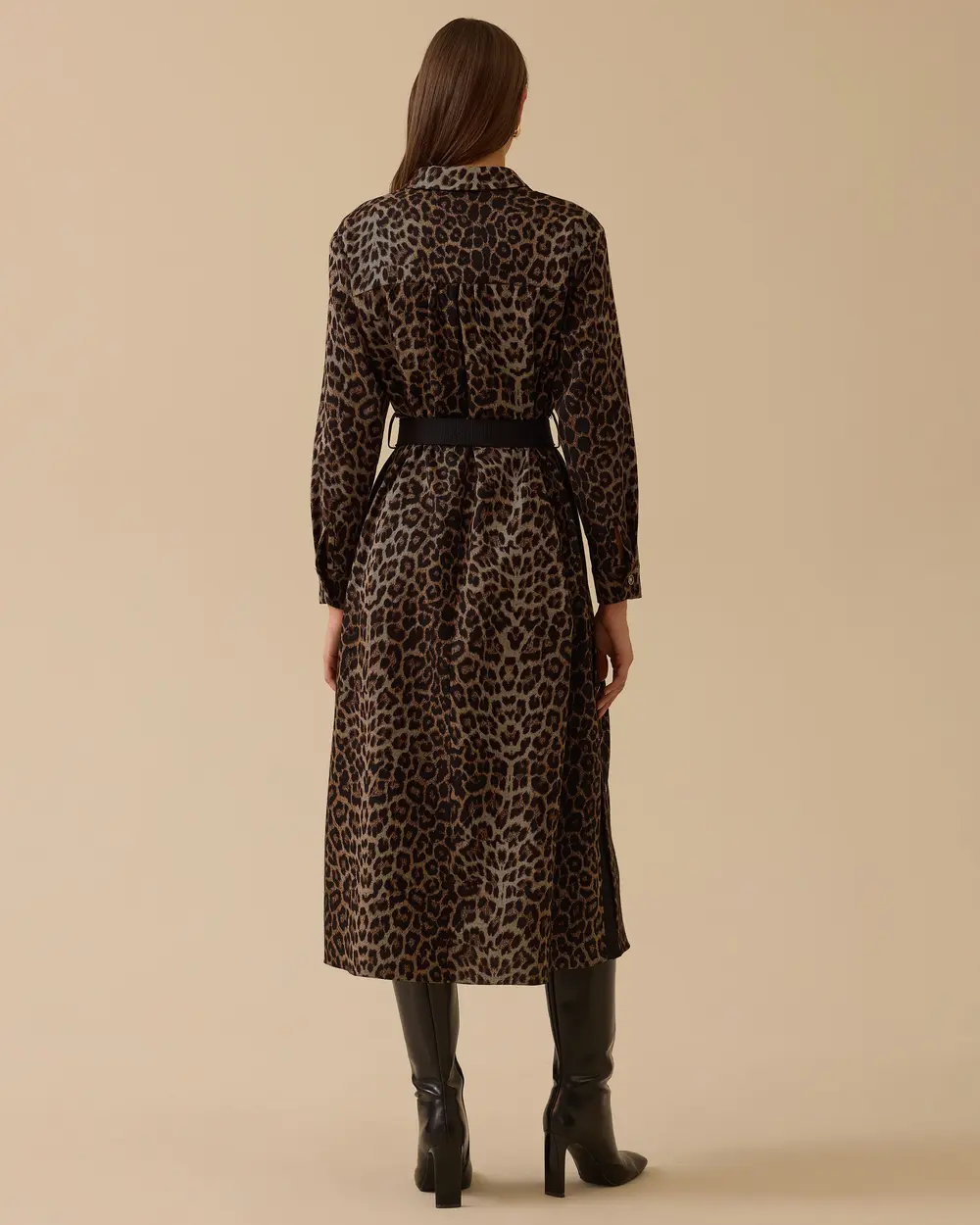 Leopar Desenli Kemerli Midi Elbise