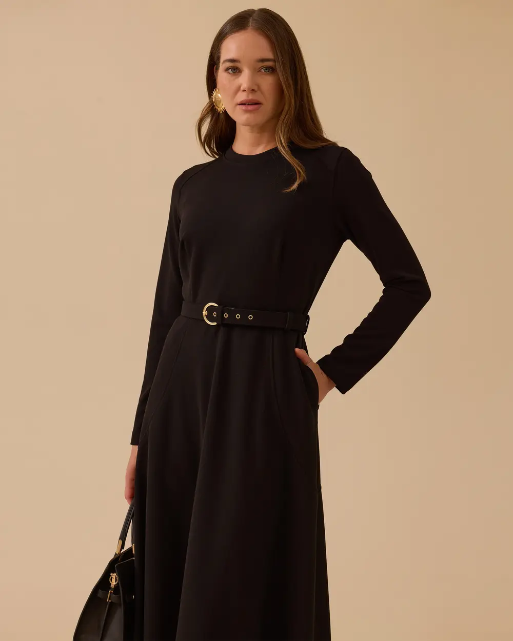 Long Sleeve Midi Dress with Belt Detail