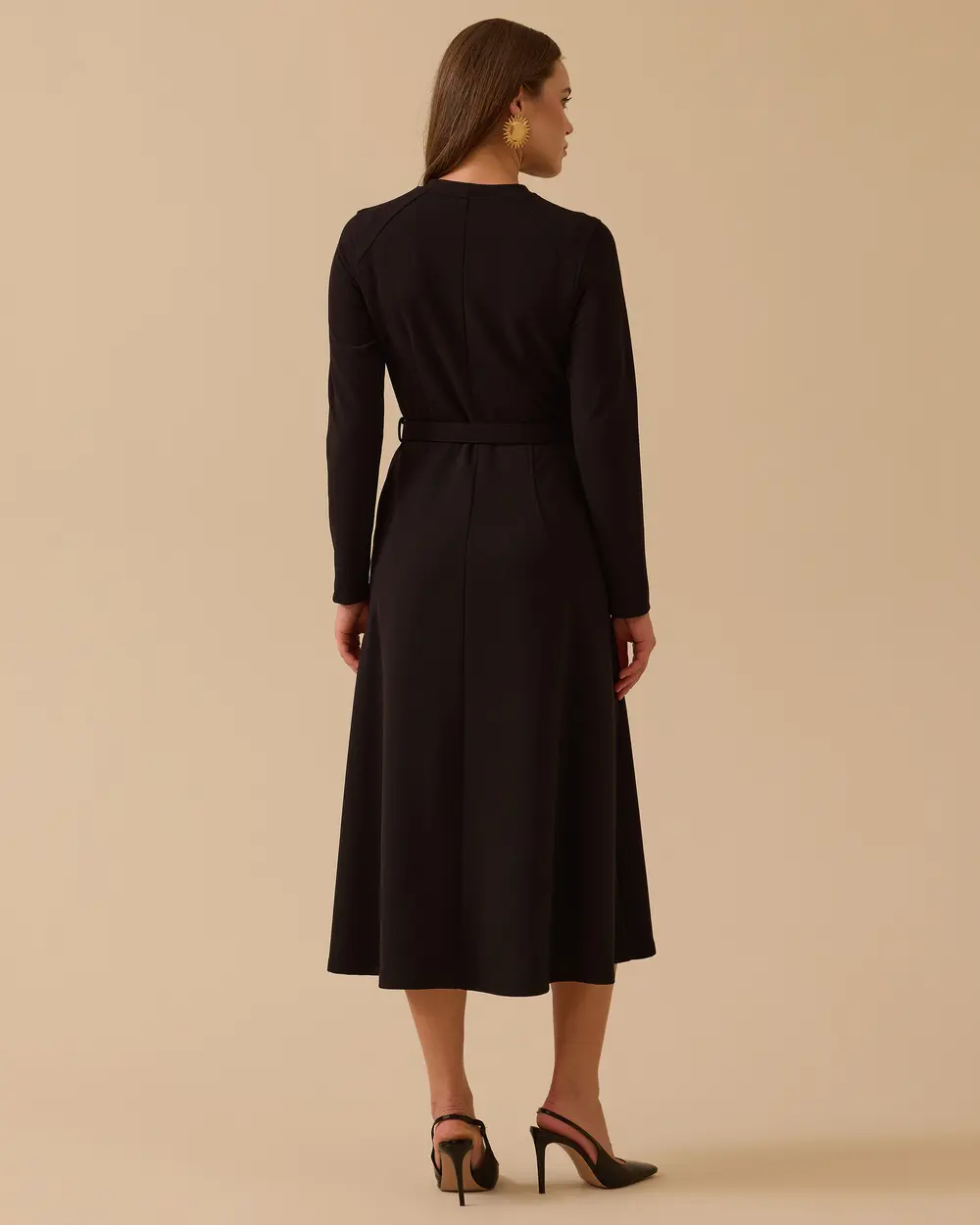Long Sleeve Midi Dress with Belt Detail