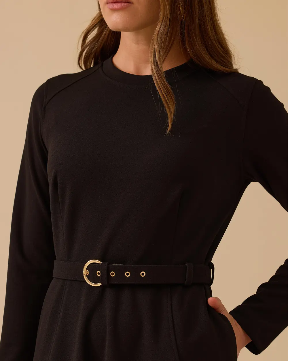 Long Sleeve Midi Dress with Belt Detail
