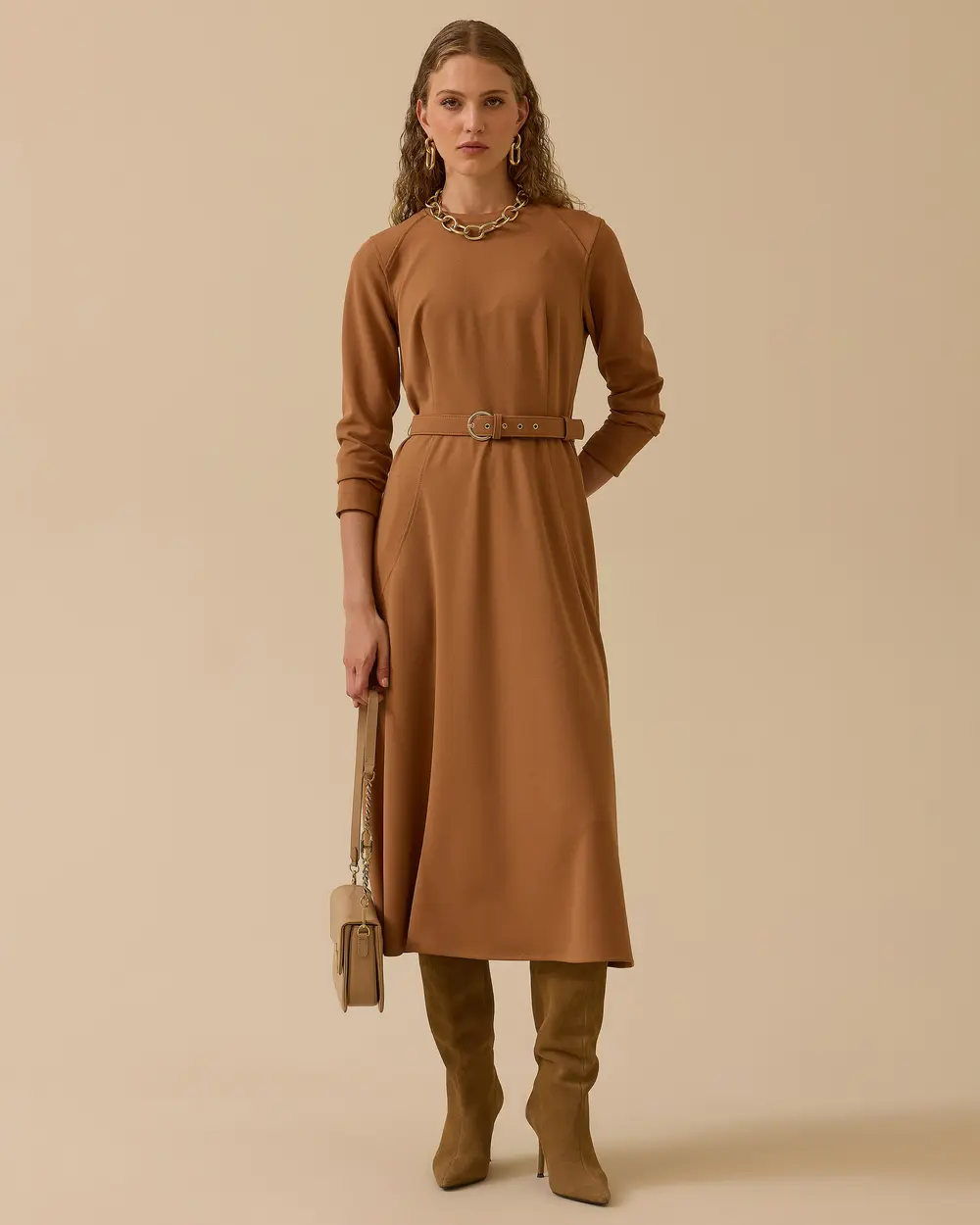 Long Sleeve Midi Dress with Belt Detail