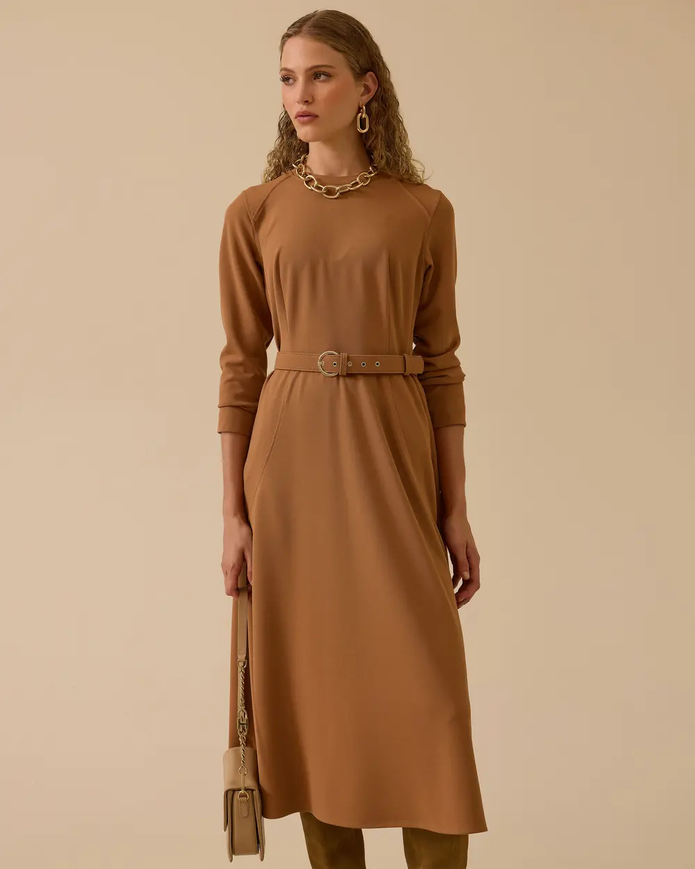 Long Sleeve Midi Dress with Belt Detail