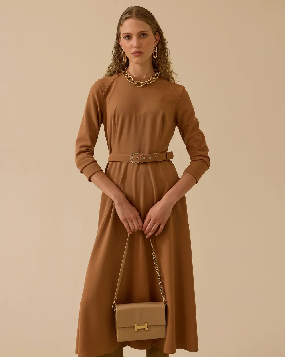 Long Sleeve Midi Dress with Belt Detail