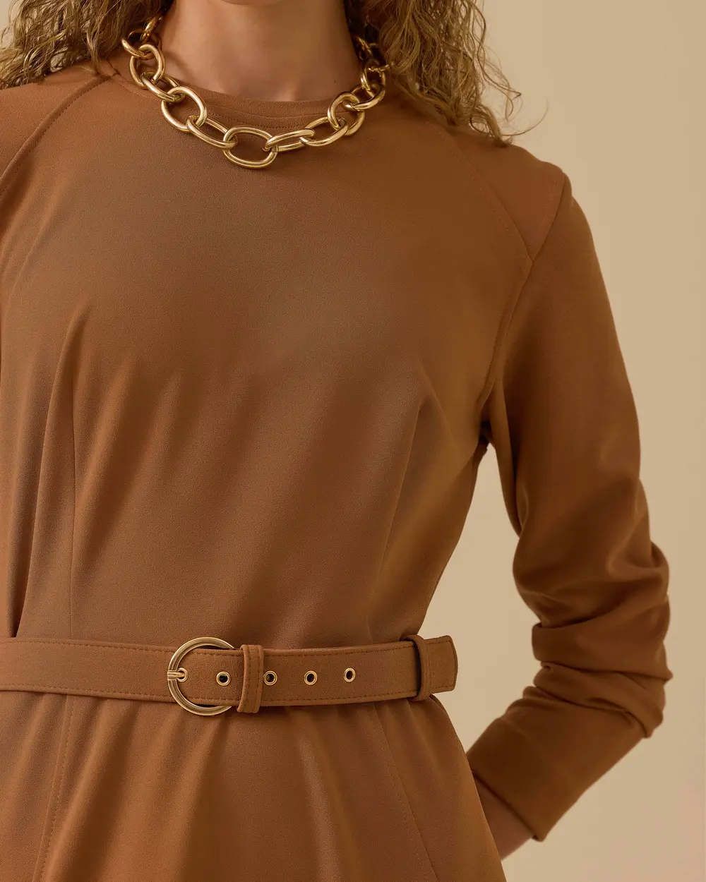 Long Sleeve Midi Dress with Belt Detail